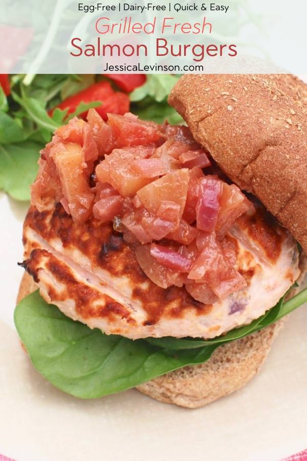egg-free, dairy-free, quick and easy Grilled Fresh Salmon Burgers on whole wheat bun with Text Overlay