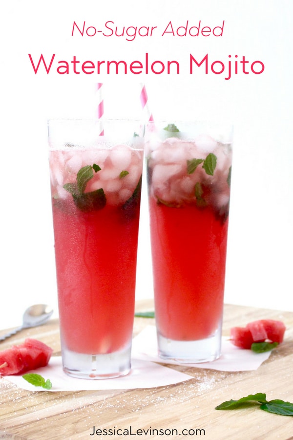 Sit back and relax this summer with a delicious and refreshing no-sugar added watermelon mojito full of the fresh flavors of summer!  Recipe via JessicaLevinson.com | #mojito #summercocktails #cocktails #watermelon #noaddedsugar