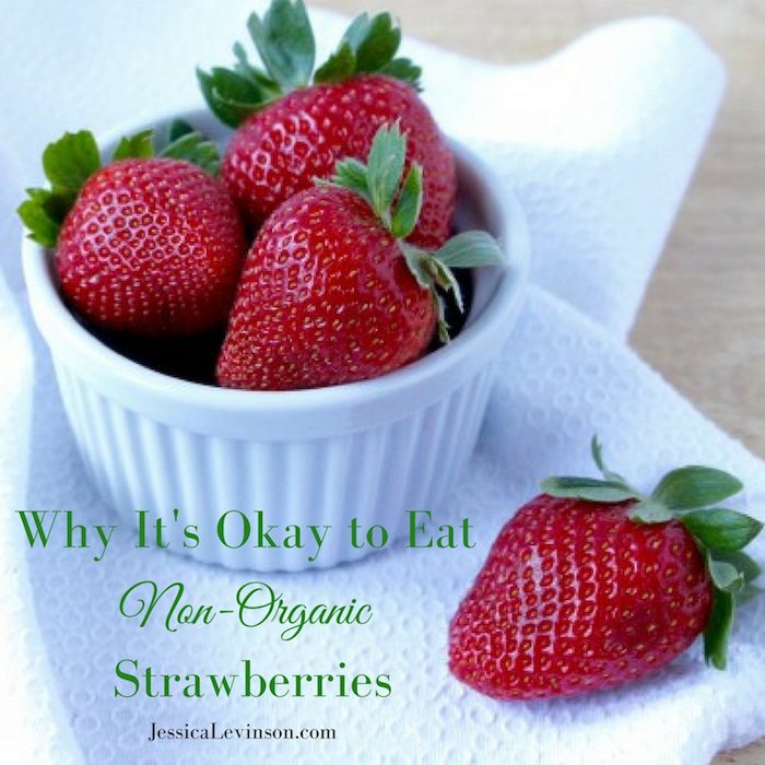 Whether you choose to buy organic or not, strawberries are safe to eat. Find out why it's okay to eat non-organic strawberries and get inspired to enjoy this delicious berry with over 40 nutritious and delicious strawberry recipes at JessicaLevinson.com