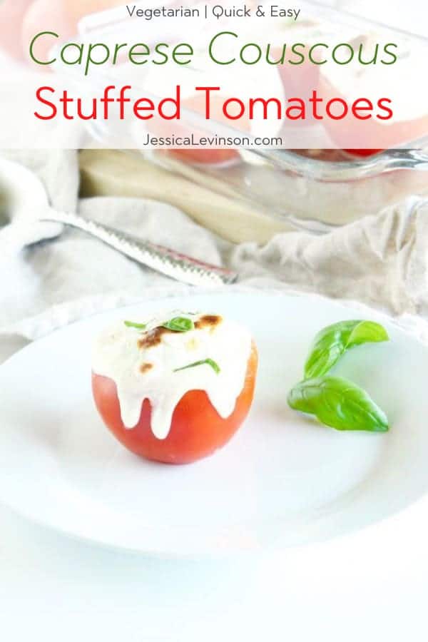 Caprese Couscous Stuffed Tomatoes with Text Overlay