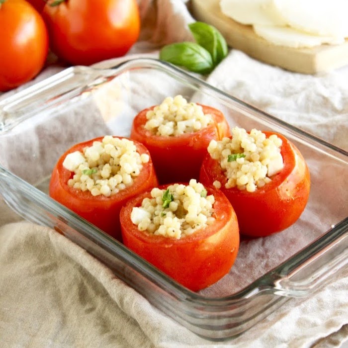 Caprese Couscous Stuffed Tomatoes in Glass Baking Dish