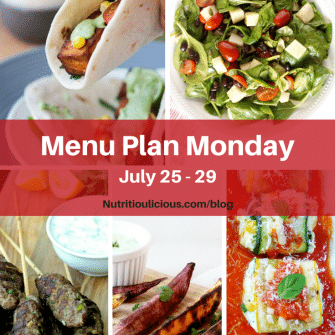 Menu Plan Monday, week of July 25, 2016 including Baked Tofu Tacos with Creamy Cilantro Sauce @sebestyen2, Spinach Salad with Jicama, Black Beans, and Lime Vinaigrette @jlevinsonrd, Lamb Kofta Kebabs @foodiephysician, Grilled Sweet Potato Wedges with Avocado Cream Sauce @LivelyTable, & Zucchini roll ups @italiancook.