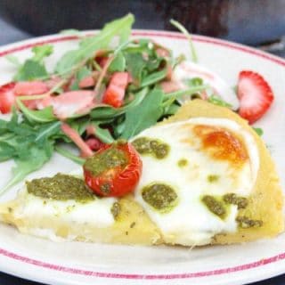 Farinata with Tomato, Mozzarella, and Pesto Drizzle