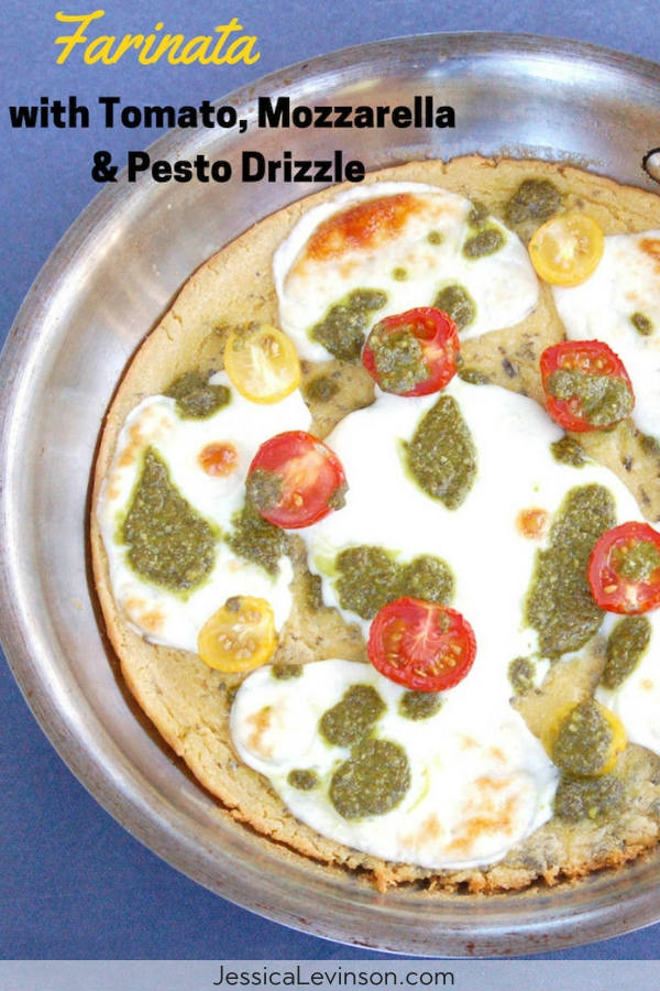 Farinata with Tomato Mozzarella and Pesto with Text Overlay