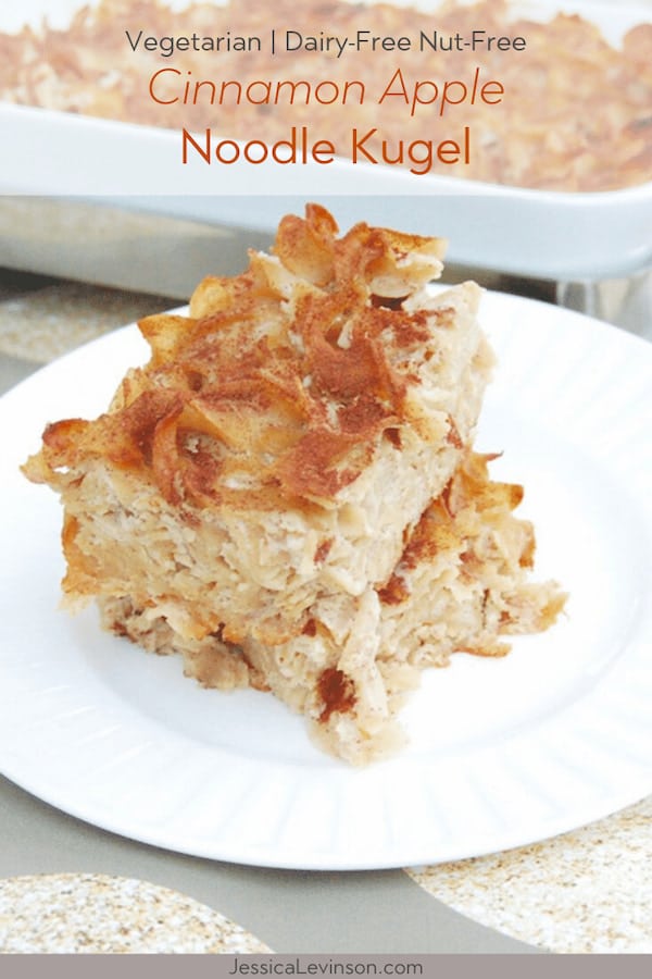 cut pieces of cinnamon apple noodle kugel on plate