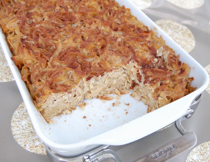 cut Cinnamon Apple Noodle Kugel in casserole pan