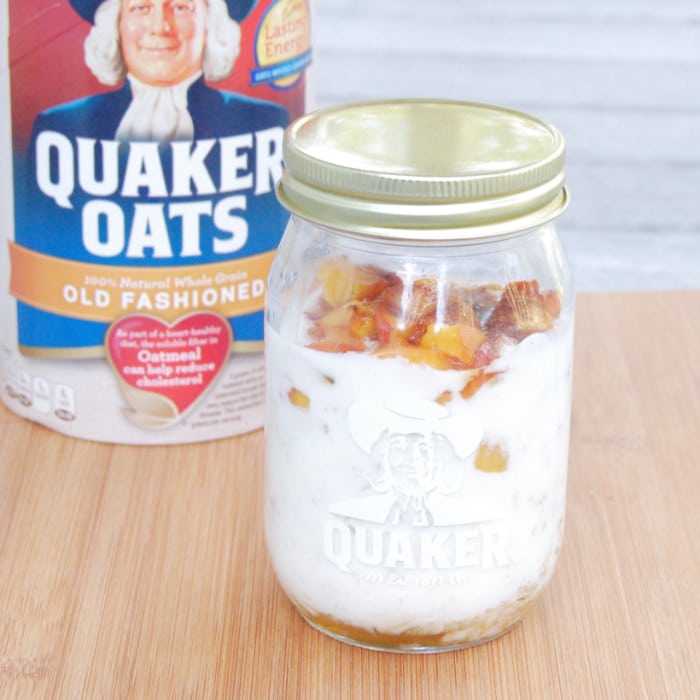 peaches and cream overnight oats in Quaker Oatmeal mason jar