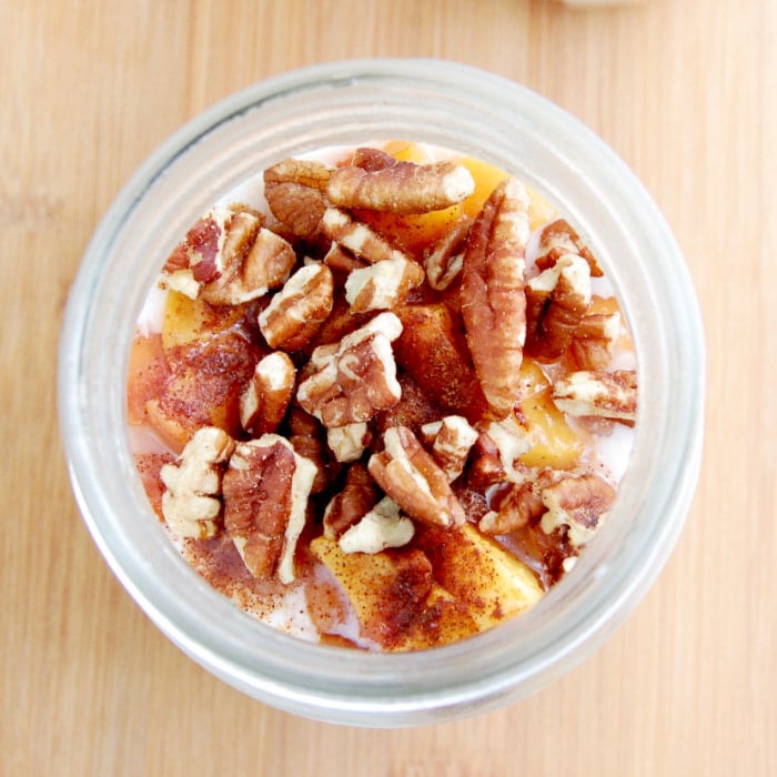 Nutty Peaches and Cream Overnight Oats in a Mason Jar