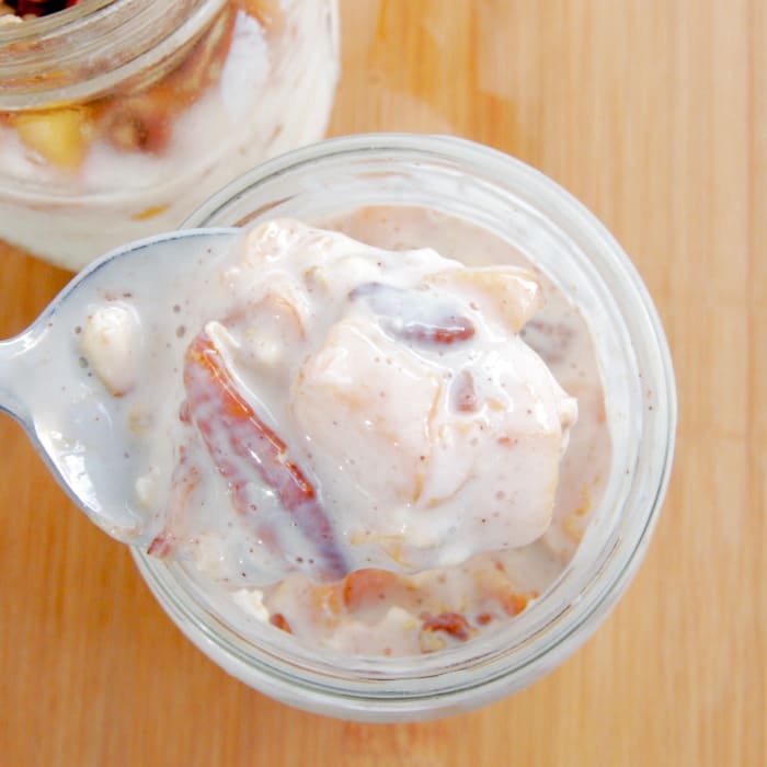 Nutty Peaches and Cream Overnight Oats in a Mason Jar