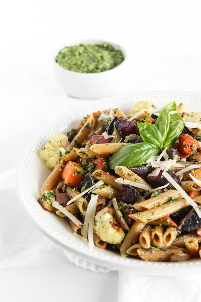 Bowl of Roasted Root Vegetable Pasta with Pesto
