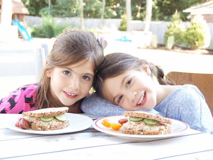 My girls ready to dive into their Mayo-Free Tuna Hummus Sandwiches!