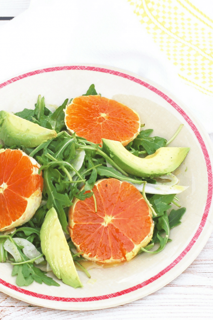 Crunchy fennel, sweet Cara Cara oranges, creamy avocado, and peppery arugula are tossed with a Champagne-lemon vinaigrette in this Citrus Fennel Salad. Vegan and gluten-free.
