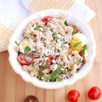 nicoise pasta salad in serving bowl