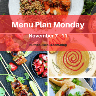Menu Plan Monday week of November 7, 2016 including Moroccan Meatballs with Red Pepper Sauce and Herbed Couscous @jamievespa, Strawberry Teriyaki Salmon @foodiephysician, Creamy Parsnip Pear Soup @jlevinsonrd, and Egg in a Hole Sunrise Sammie @StreetSmartRD.