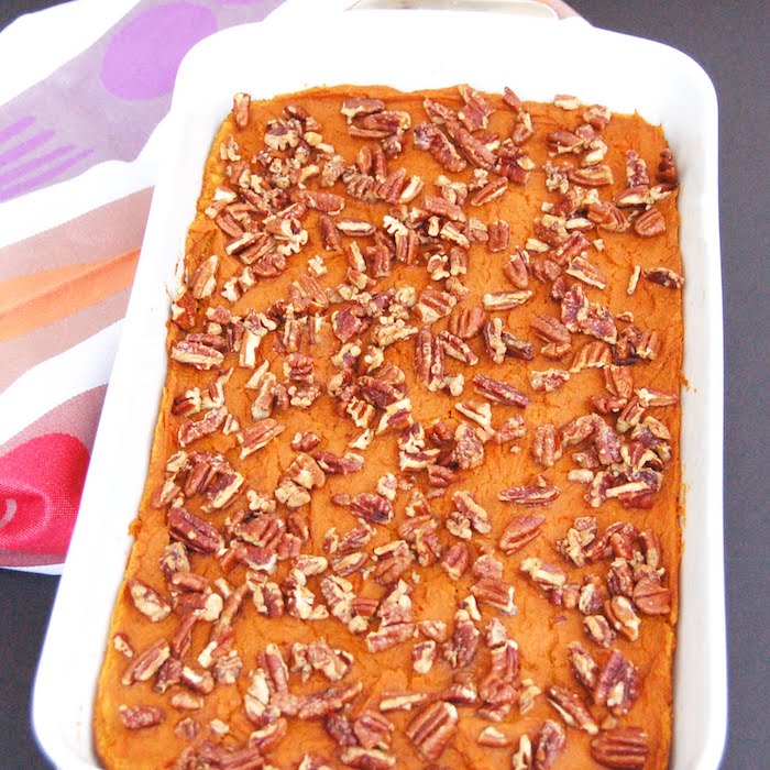 Lightened-Up sweet potato carrot casserole with maple pecans is a healthier thanksgiving side dish