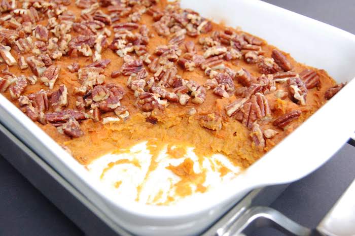 Lightened Up Sweet Potato Carrot Casserole with Pecans