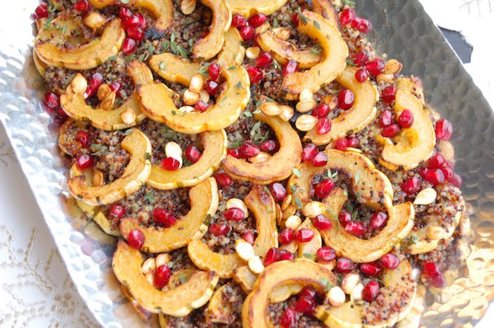 Maple-Roasted Delicata Squash Quinoa Salad in Silver Dish