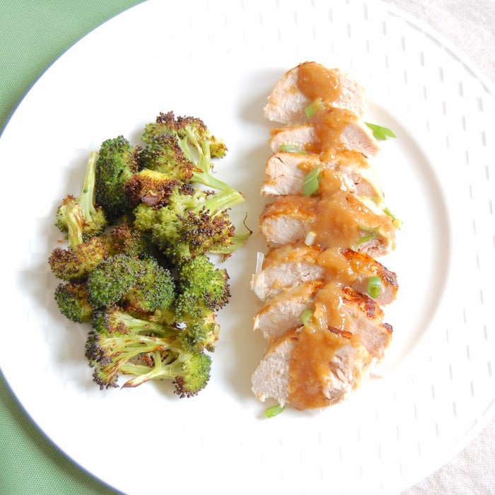 sliced miso glazed chicken with broccoli 