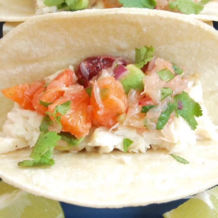Overhead Close Up Fish Tacos with Citrus Salsa