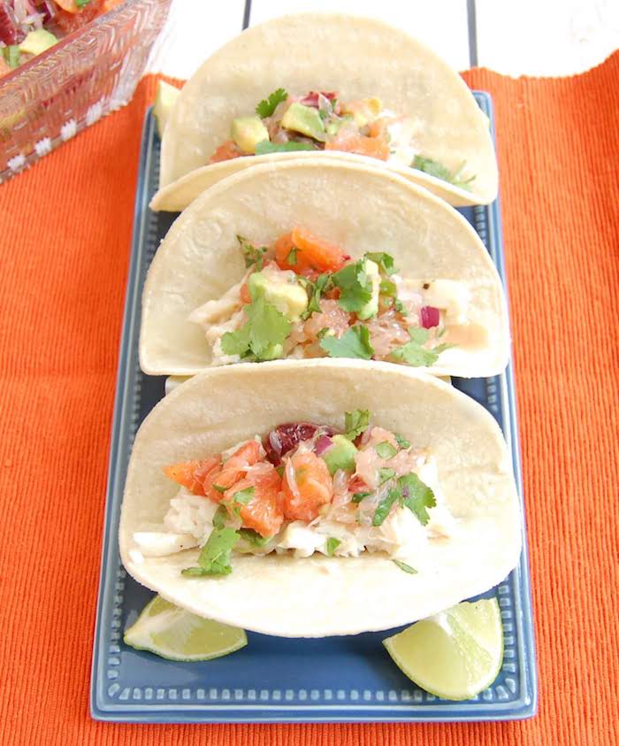Overhead Fish Tacos with Citrus Salsa