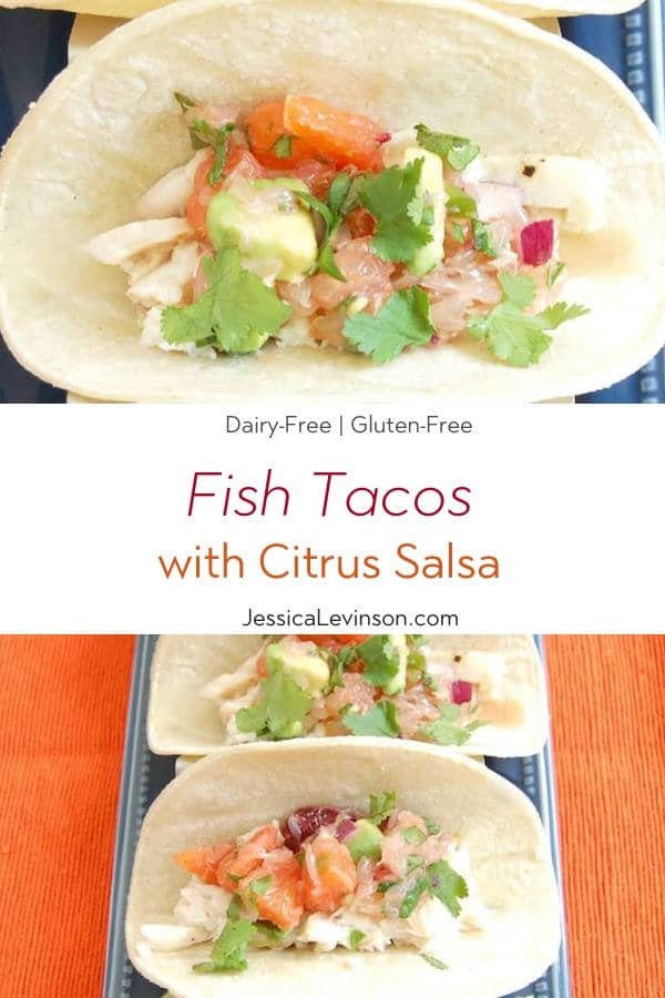 Fish Tacos with Citrus Salsa with Text Overlay