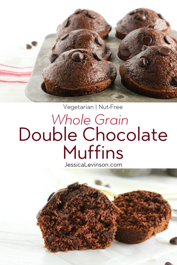 Whole Grain Double Chocolate Muffins with Text Overlay