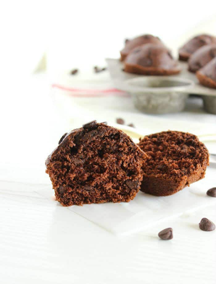 Whole Grain Double Chocolate Muffins Cut in Half