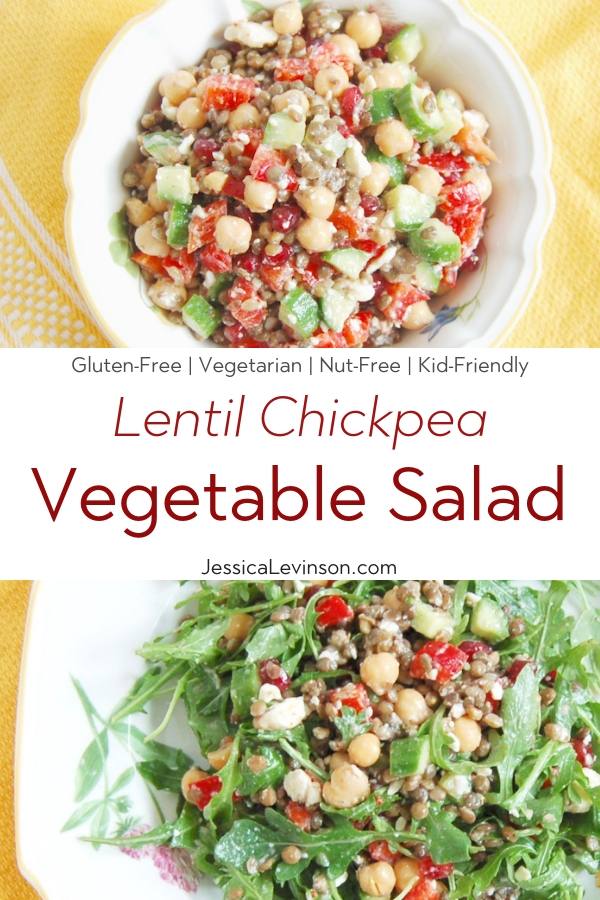 Lentil Chickpea Vegetable Salad Recipe with Text Overlay