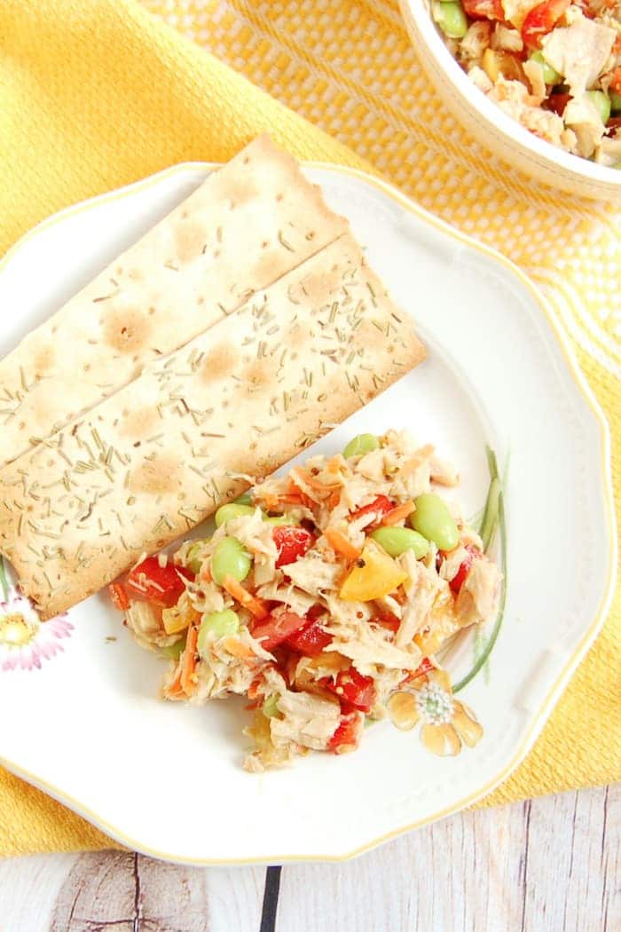 Easy Tuna Edamame Salad on Plate with Crackers