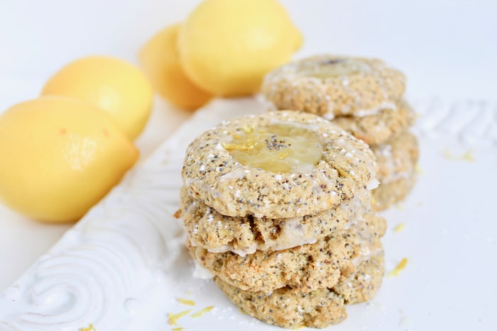 Lemon Poppy Seed Thumbprint Cookie Recipe stacked on platter