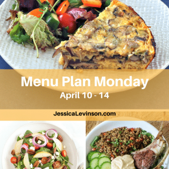 Nutritioulicious Menu Plan Monday week of April 10, 2017, including Baked Mushroom Leek Frittata and Spinach Pear Salad with Goat Cheese @jlevinsonrd, and Citrus Lamb Power Bowls @kissinthekitchn.