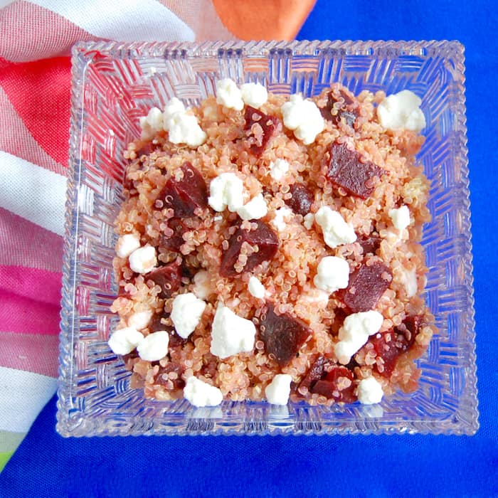 Beet and Goat Cheese Quinoa Salad Overhead in Bowl