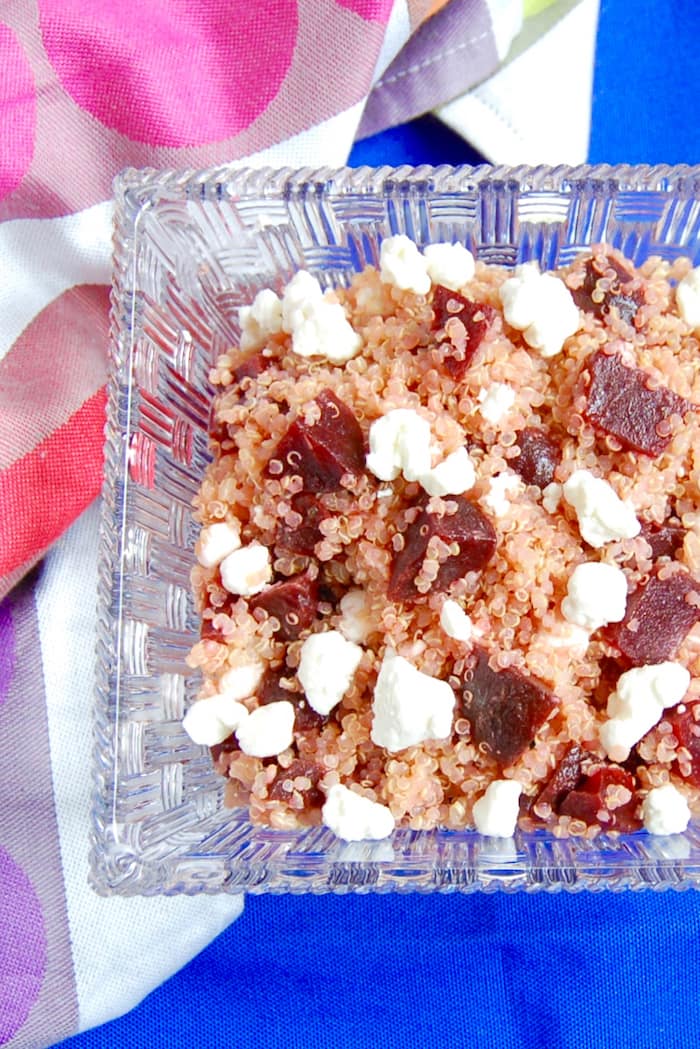 Beet and Goat Cheese Quinoa Salad in Clear Bowl