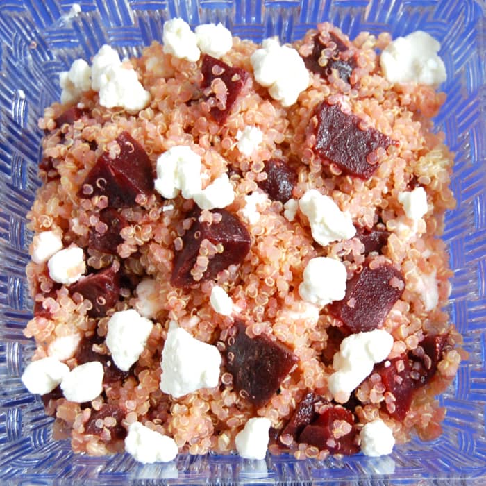 Close up of Beet and Goat Cheese Quinoa Salad