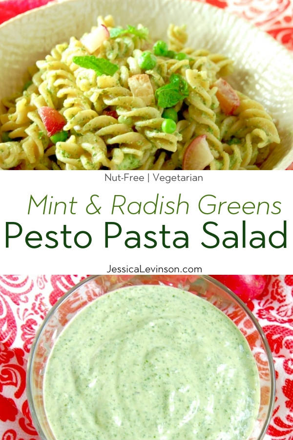 Radish Greens Pesto Pasta Salad with Text Overlay