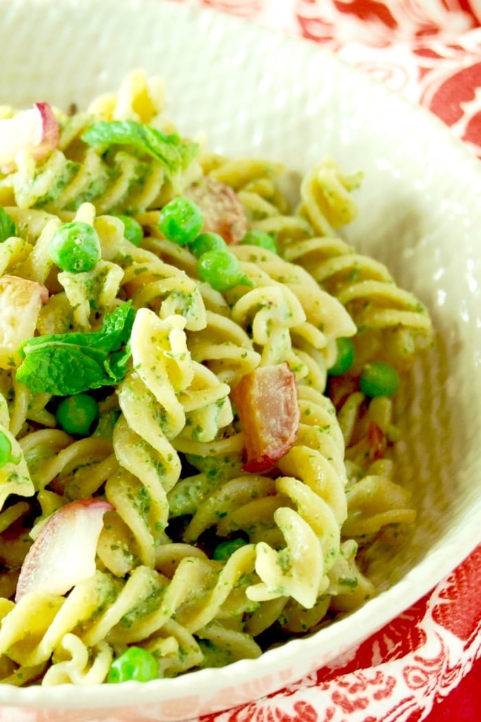 Close Up Radish Greens Pesto Pasta Salad