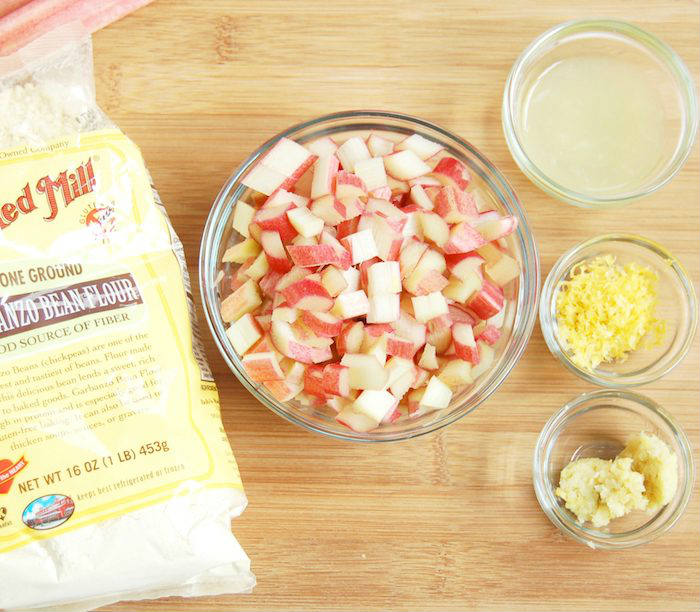 Ingredients for Rhubarb Ginger Lemon Muffins: chickpea flour, rhubarb, lemon juice, lemon zest, ginger