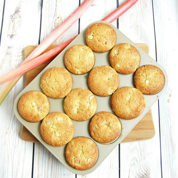 Rhubarb Ginger Lemon Muffins in Pan