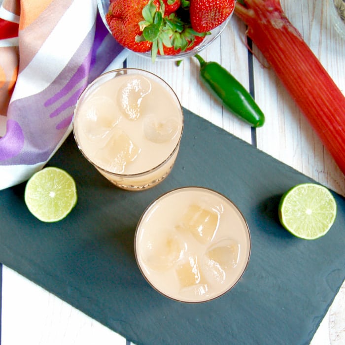 spicy strawberry rhubarb margaritas overhead shot