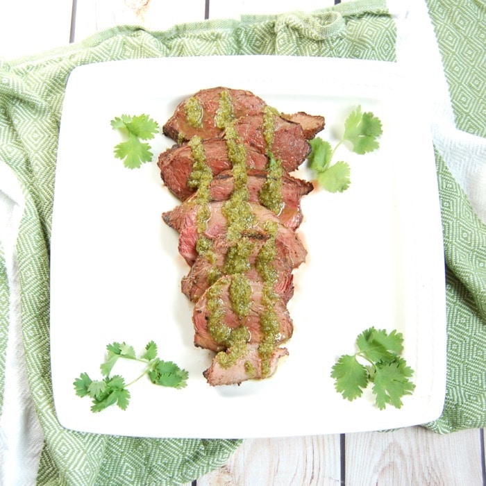 Grilled Cilantro Lime Steak on Plate with Marinade
