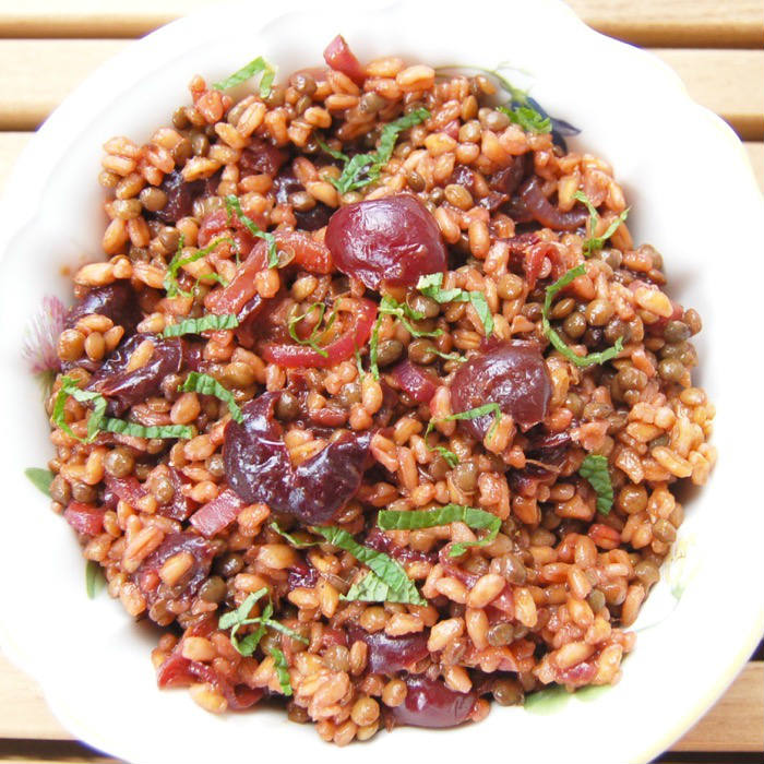 Roasted Cherry Farro Salad Overhead