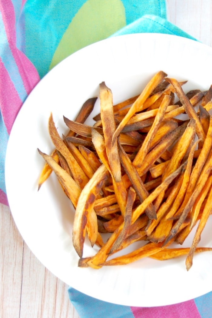 Crispy Baked Sweet Potato Fries On Plate Overhead