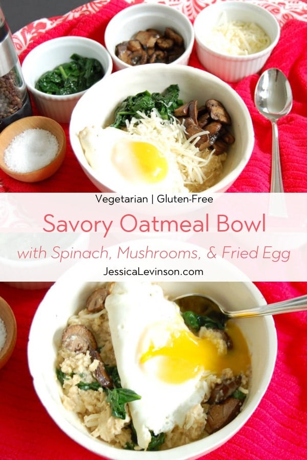 savory oatmeal breakfast bowl with spinach mushrooms and fried egg