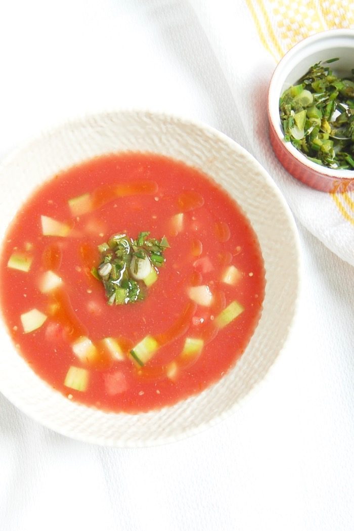 Watermelon Tomato Gazpacho in White Bowl