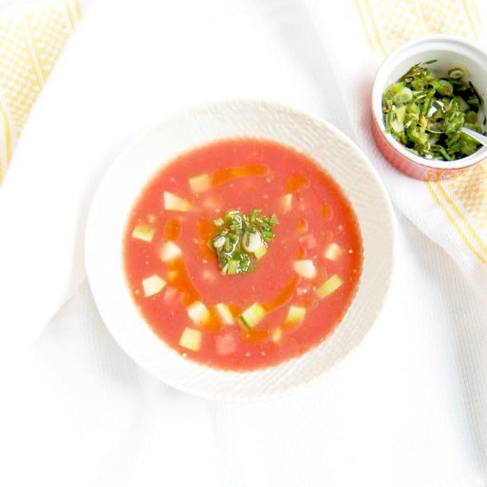 Watermelon Tomato Gazpacho in Bowl with Garnish