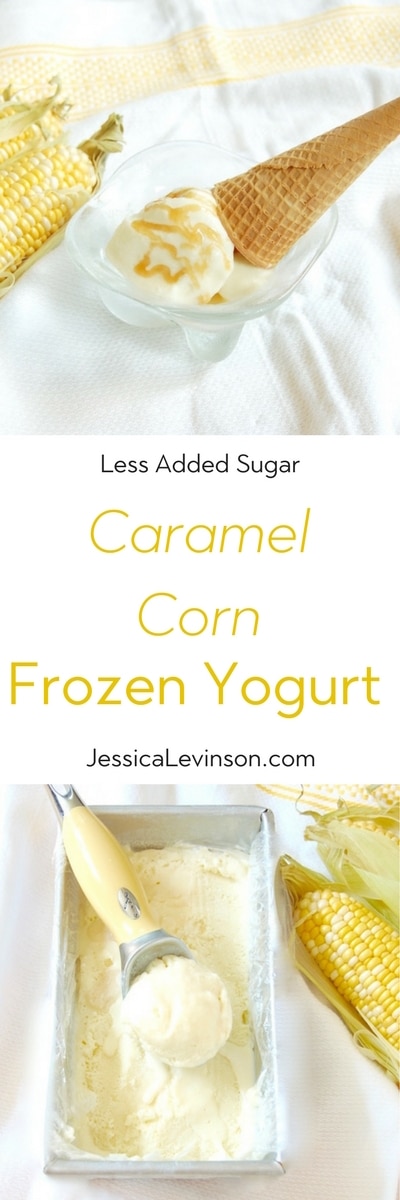 This caramel corn frozen yogurt is a delicious way to enjoy the flavor of sweet summer corn throughout the year. Get the recipe, made with less added sugar than most frozen desserts, at JessicaLevinson.com | #lessaddedsugar #frozenyogurt #caramelcorn #froyo #corn #summereats