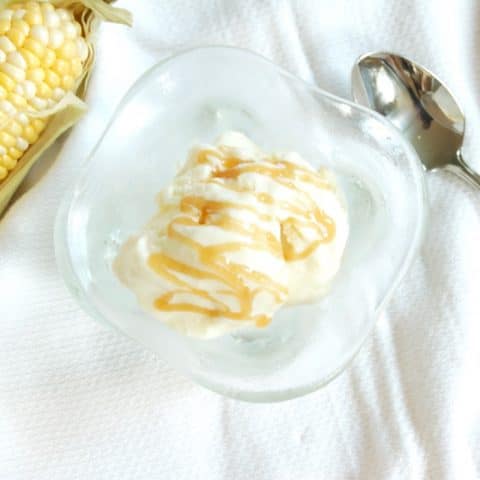 This caramel corn frozen yogurt is a delicious way to enjoy the flavor of sweet summer corn throughout the year. Get the recipe, made with less added sugar than most frozen desserts, at JessicaLevinson.com | #lessaddedsugar #frozenyogurt #caramelcorn #froyo #corn #summereats