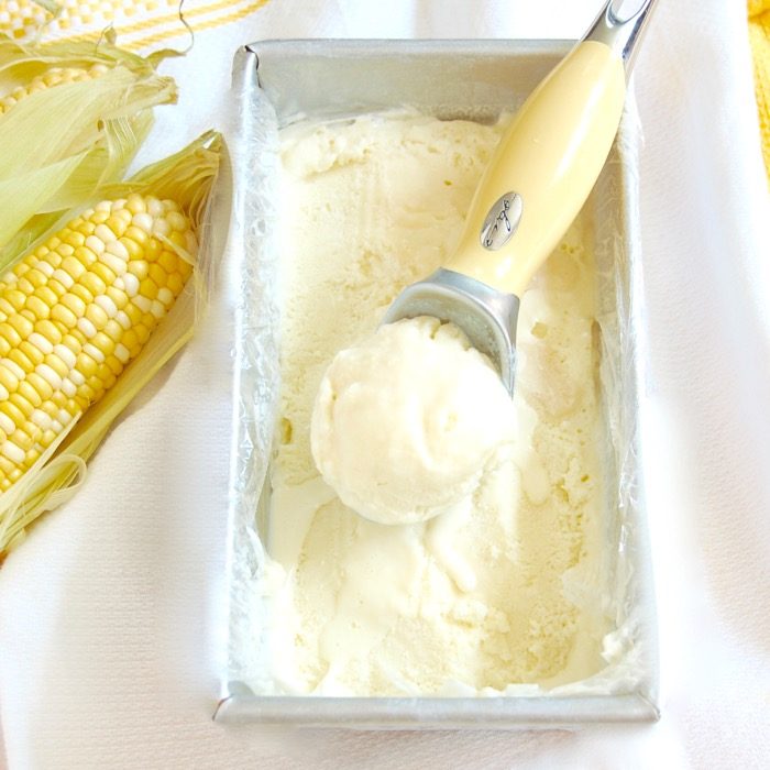This caramel corn frozen yogurt is a delicious way to enjoy the flavor of sweet summer corn throughout the year. Get the recipe, made with less added sugar than most frozen desserts, at JessicaLevinson.com | #lessaddedsugar #frozenyogurt #caramelcorn #froyo #corn #summereats