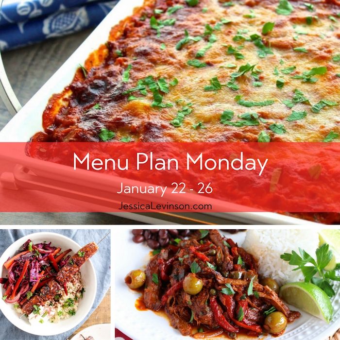 Menu Plan Monday week of January 22, 2018, including Spaghetti Squash Lasagna, Pomegranate-Glazed Tofu Bowls, and Ropa Vieja. 