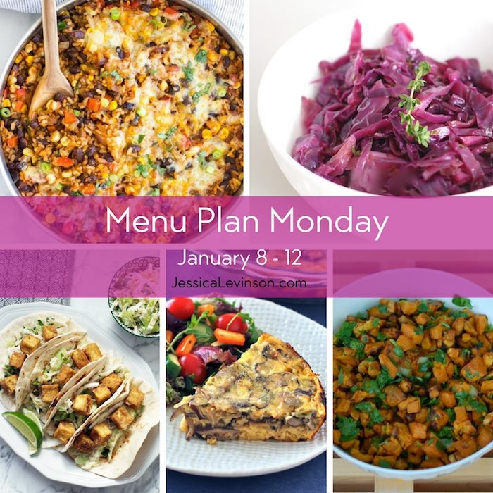 Menu Plan Monday week of January 8, 2018, including One Skillet Mexican Rice Casserole, Braised Cabbage and Apples, Crispy Tofu Tacos with Asian Pear Slaw, Baked Mushroom Leek Frittata, and Sweet Potato Salad.